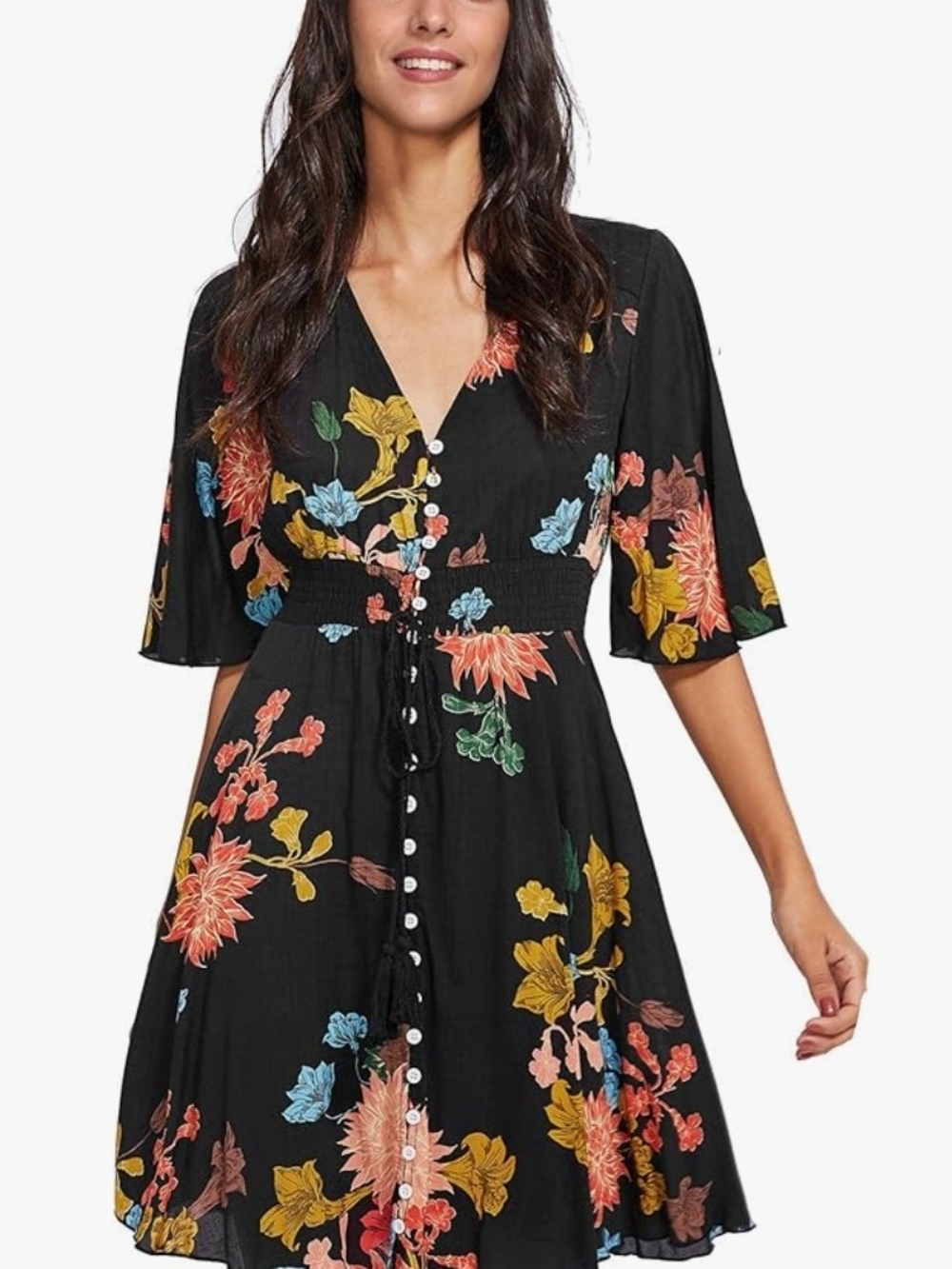 Floral V-Neck Black Dress with Button Front